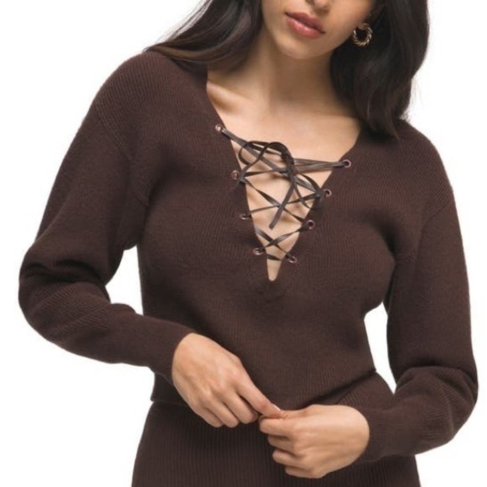 Good‎ American Ribbed Lace-up Sweater In Chocolate Brown Size 1 Small NWT